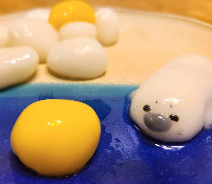 可愛らしいアザラシの形をした白い和菓子と、黄色い和菓子がプレートに盛り付けられています。