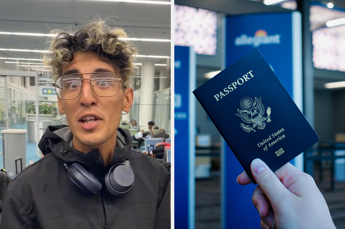 男性が空港で話している様子。黒いジャケットと大きなメガネを着用し、首にヘッドホンをかけています。後方には他の旅行者が座っています。