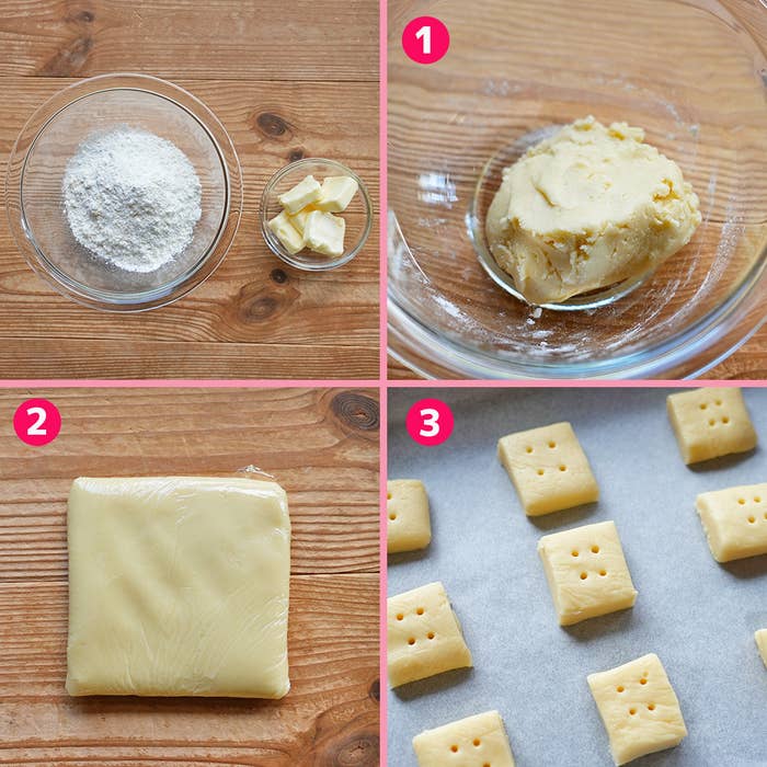 大きなボウルに入った材料から生地を作り、その生地を冷却し、四角形に切り出し、焼く前の準備過程を示した手順画像。