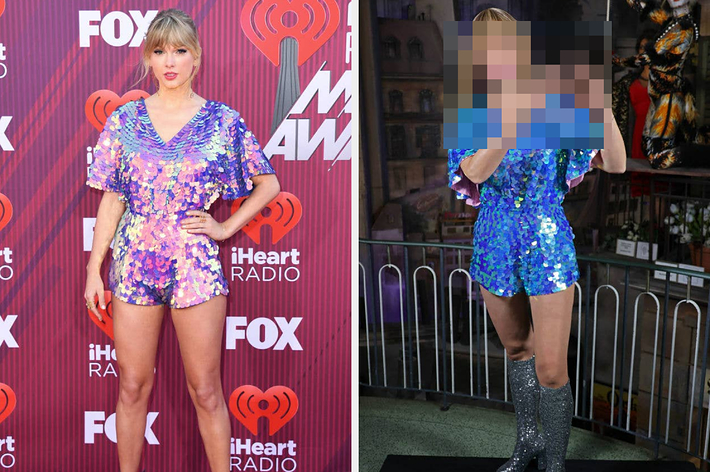Taylor Swift wearing a sparkly romper on the red carpet, posing at the iHeartRadio Music Awards event
