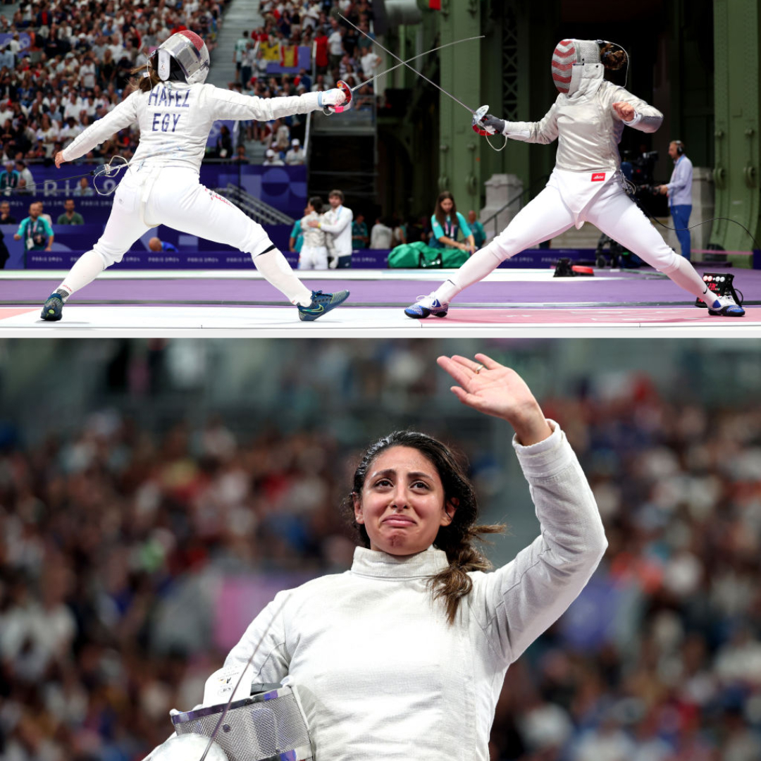 Two images of Olympic fencer Ibtihaj Muhammad, during a fencing match and afterwards waving to the audience