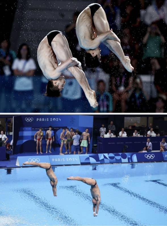 Two synchronized male divers perform mid-air flips and enter the water headfirst during the Paris 2024 Olympic trials
