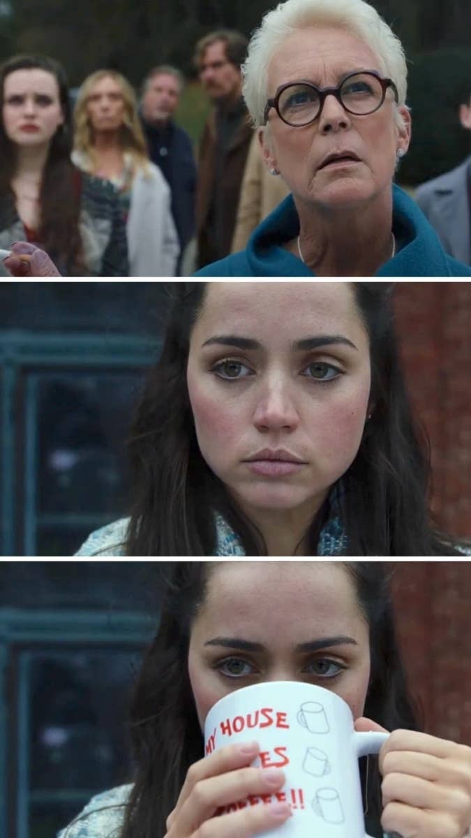 Jamie Lee Curtis and Ana de Armas in scenes from a movie. In the second and third panels, Ana de Armas is holding and drinking from a mug. Background includes other people