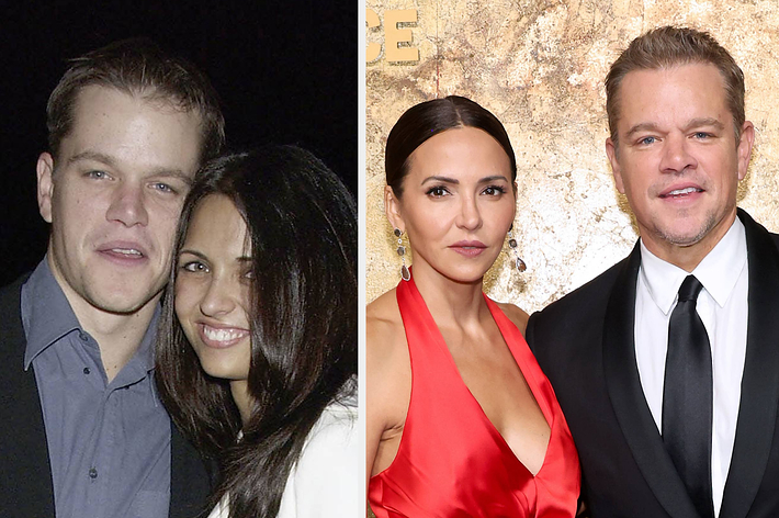 Matt Damon and Luciana Barroso in two side-by-side photos: one casual from years ago, and one recent at a formal event