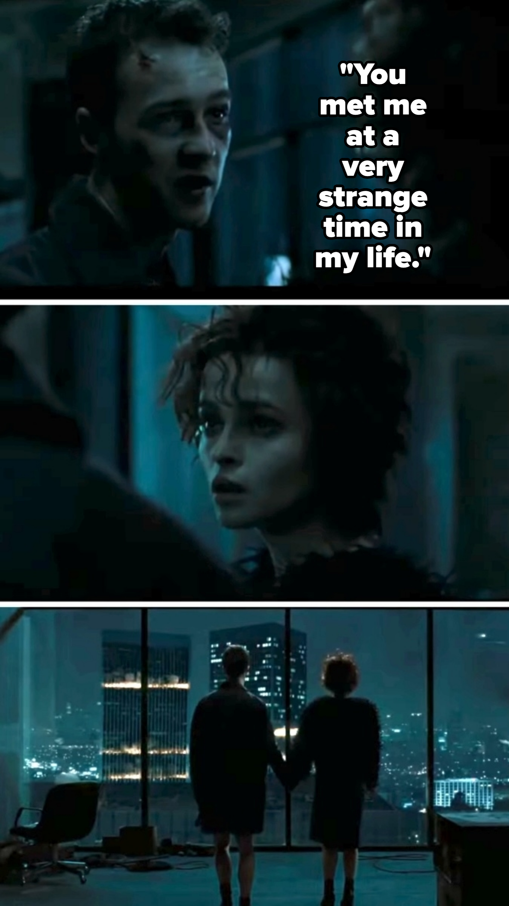 Edward Norton and Helena Bonham Carter in scenes from a movie, showing a dramatic interaction and holding hands while overlooking a cityscape at night