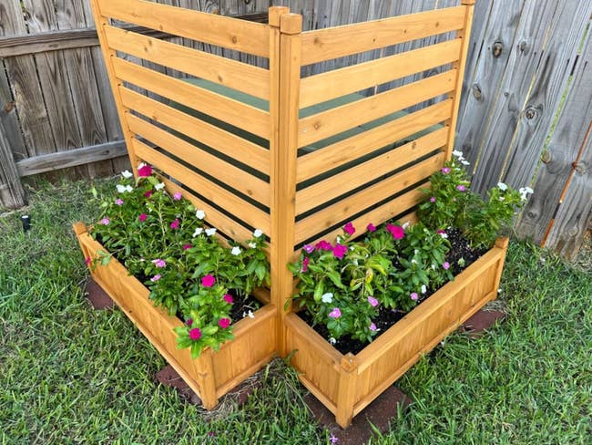 reviewer's woody privateness surface and planter container filled with flowers, placed astir a inferior container to fell it