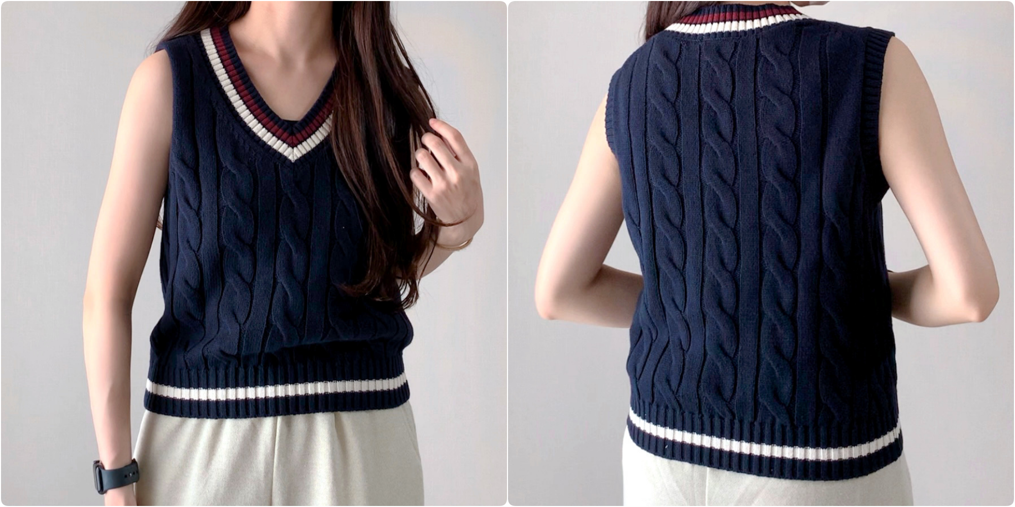 GUのオススメのベスト「チルデンケーブルベスト」のコーディネート