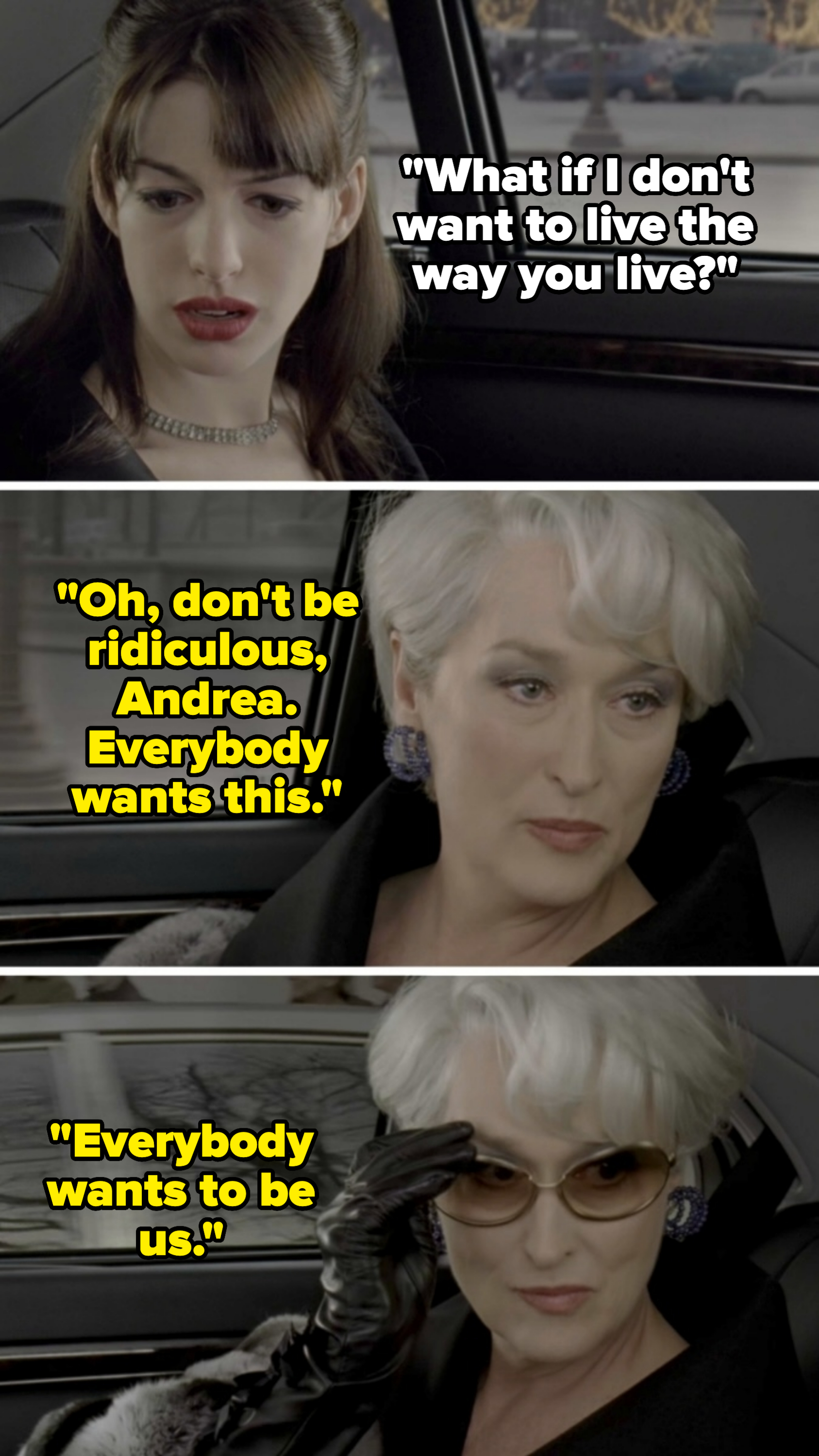 Anne Hathaway and Meryl Streep in a car from "The Devil Wears Prada." Anne wears a necklace, Meryl wears a fur coat, black gloves, and sunglasses