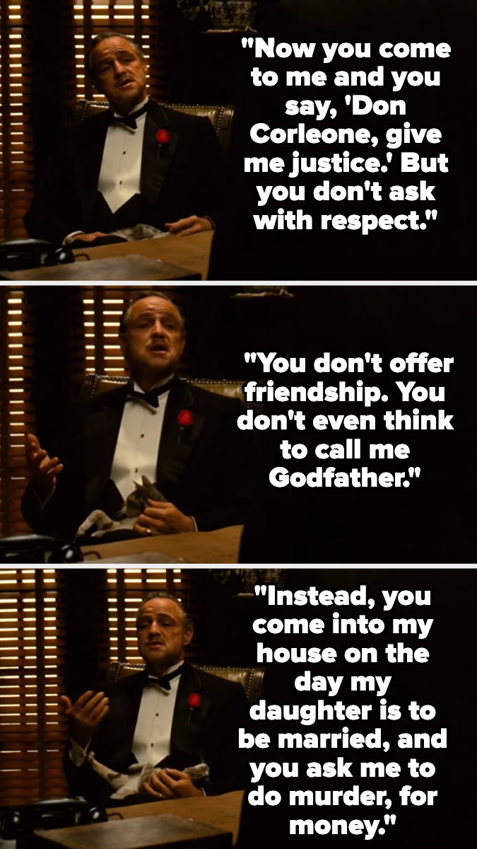 A scene from "The Godfather" with Marlon Brando as Vito Corleone. Three consecutive panels feature his dialogue about respect, friendship, and requests