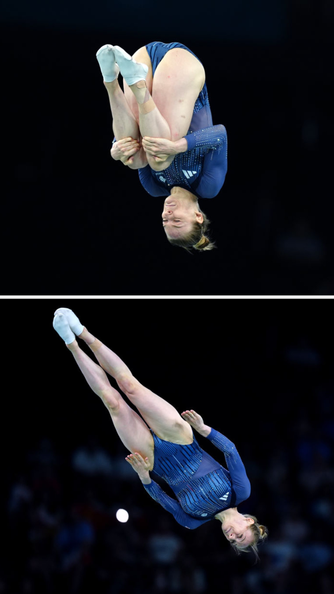 Two images of gymnasts in mid-air during a routine, performing flips and twists