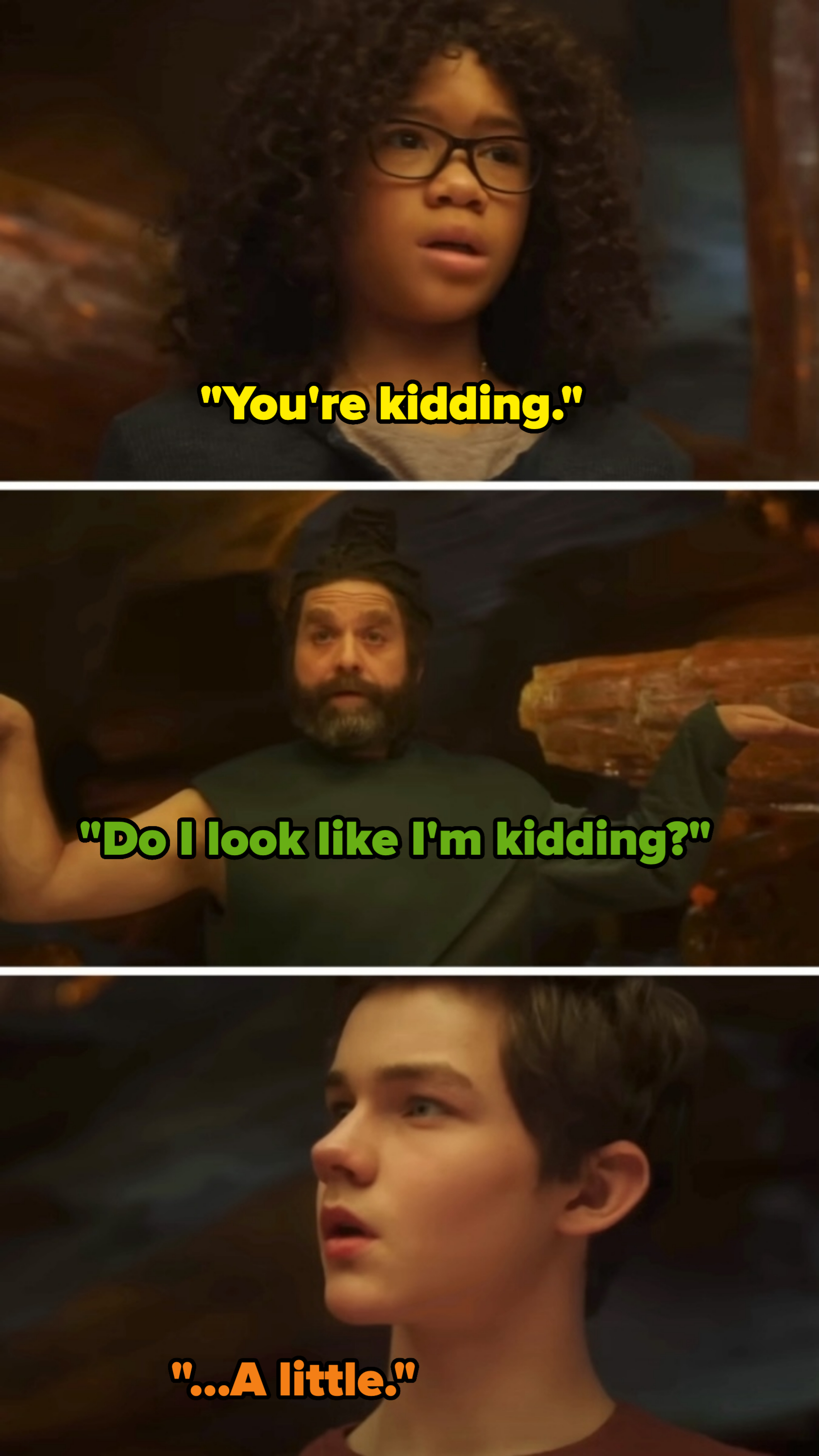 Storm Reid, Zach Galifianakis, and Deric McCabe in a scene from a movie, set in a fantasy environment with distressed clothing