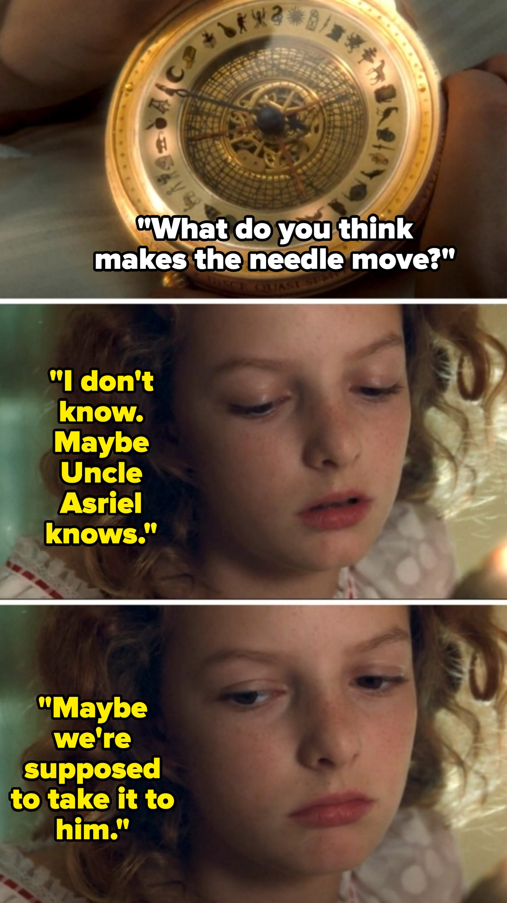 A close-up of a golden, intricate compass. Three frames below show a girl with curly hair, looking down thoughtfully