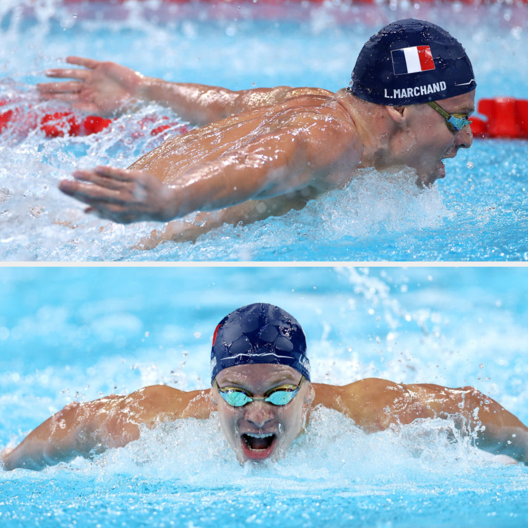 Top: L. Marchand swimming in a butterfly stroke competition. Bottom: Close-up of L. Marchand swimming in the same event, focusing on determination