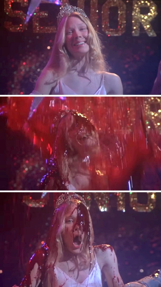 Carrie White is shown in three stages: happily crowned, then covered in blood, reacting with shock and horror from the 1976 film "Carrie."