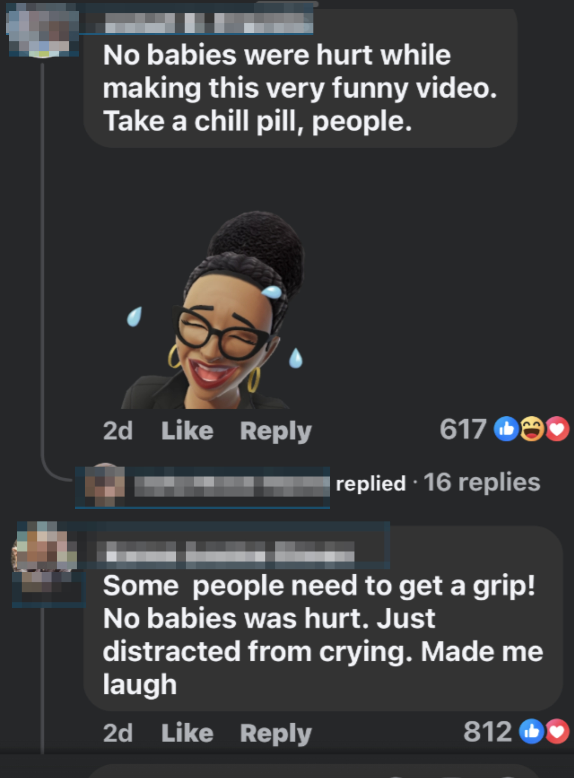 "No babies were hurt… Take a chill pill, people," with a laughing emoji. Another person comments, supporting the statement