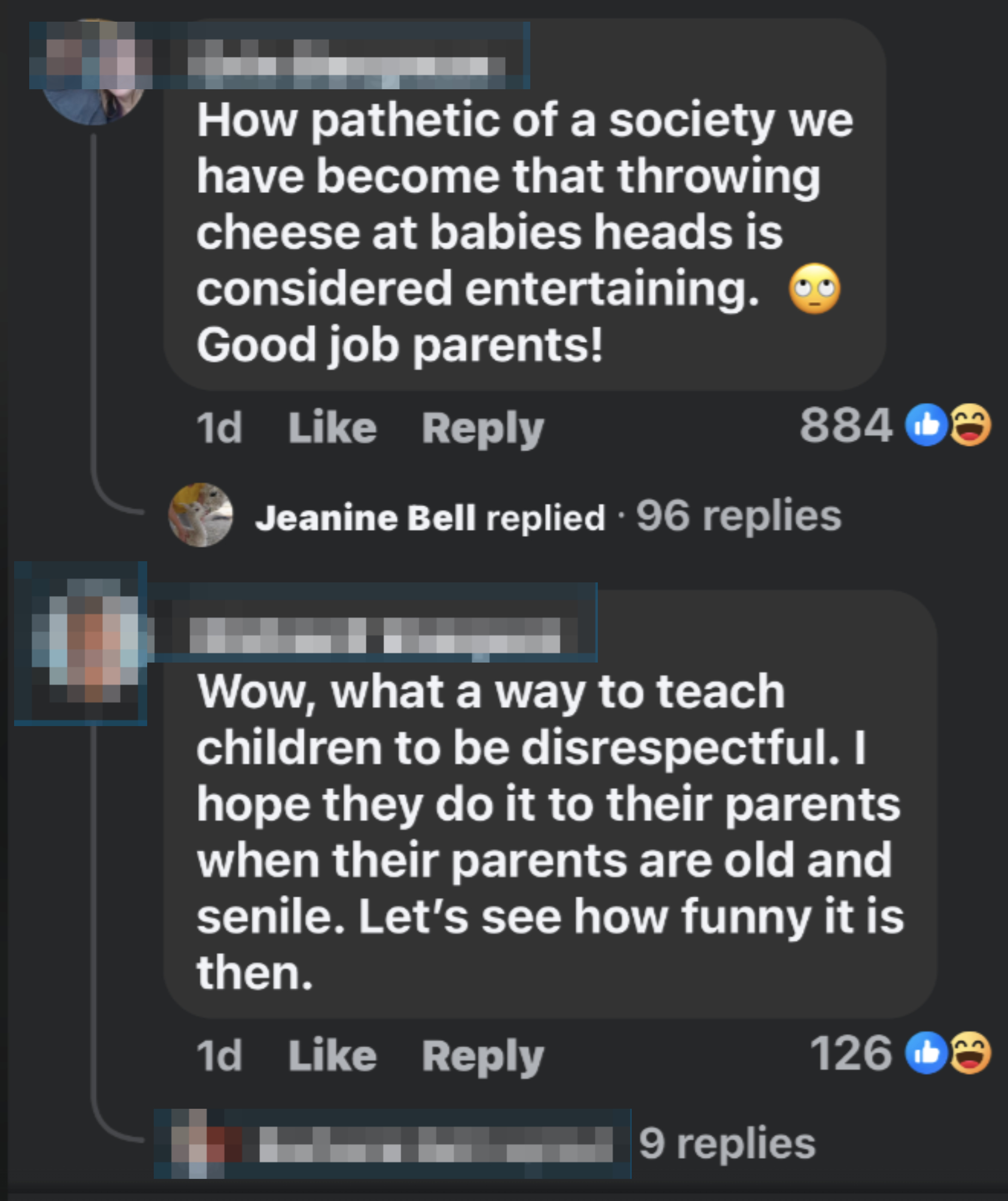 A Facebook post criticizing parents for throwing cheese at babies' heads, followed by a comment expressing disapproval of this behavior