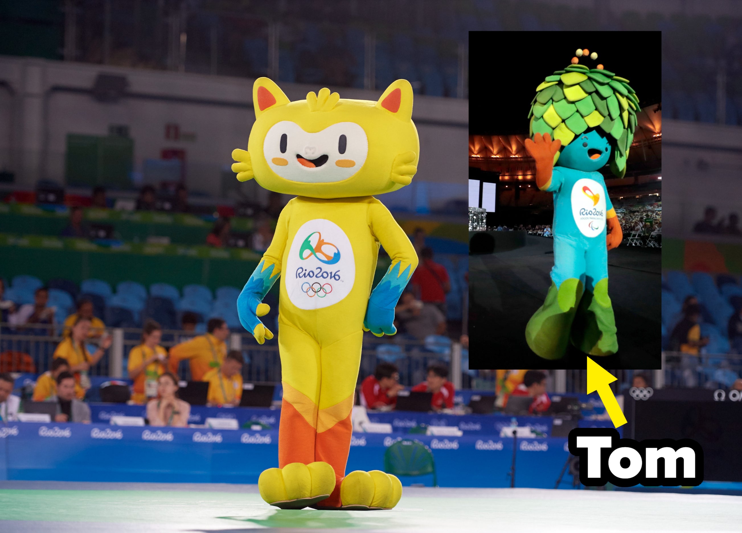 Vinicius, the Rio 2016 Olympic mascot, stands in an arena next to an image of Tom, the Rio 2016 Paralympic mascot, with an arrow pointing to Tom