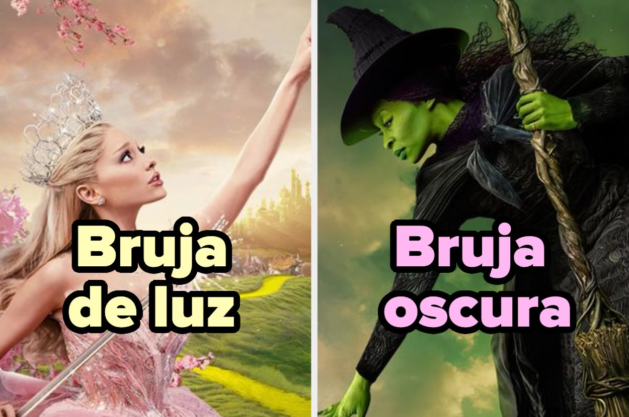 Comparación de dos brujas: "bruja de luz" representada con vestido brillante y "bruja oscura" vestida de forma siniestra, ambas con contextos de fantasía