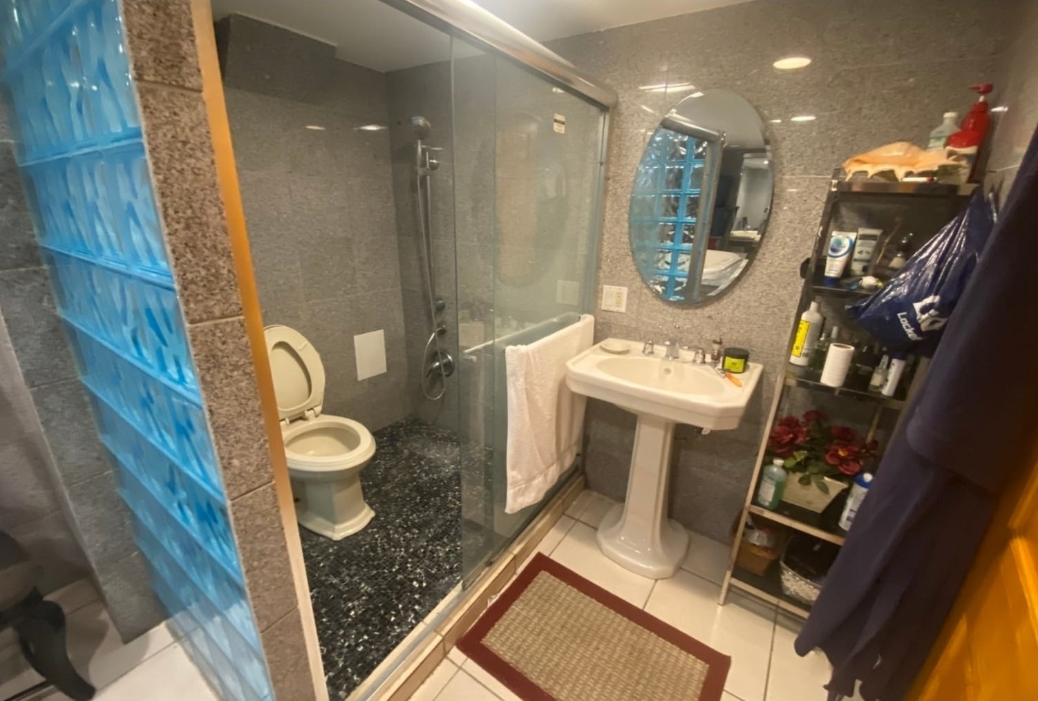 A bathroom with a glass shower, toilet, pedestal sink, and storage shelf with various toiletries