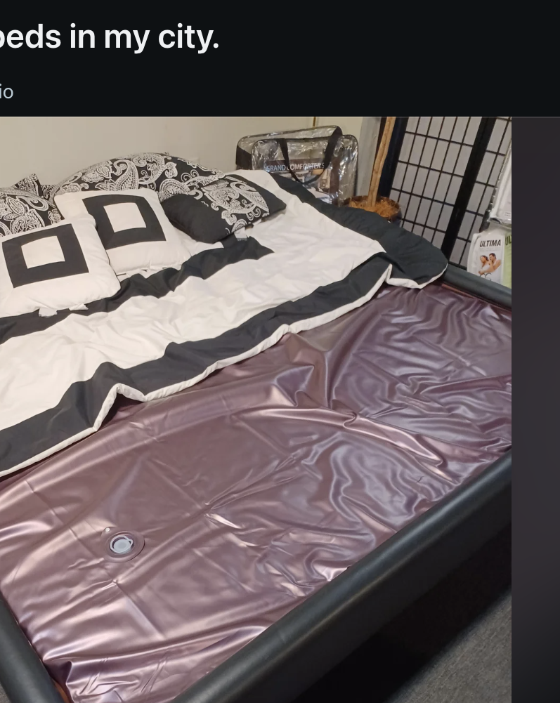 Reddit post with the caption "They still sell waterbeds in my city" showing a store display of a made-up bed with a waterbed mattress, located at Waterbeds 'n' Stuff in Columbus, Ohio