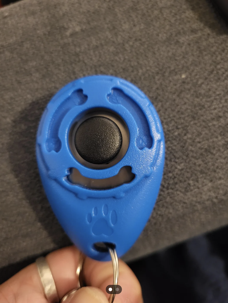 Reddit thread discussing affordability and recommendations for cat clickers, with a user showing a blue handheld cat clicker