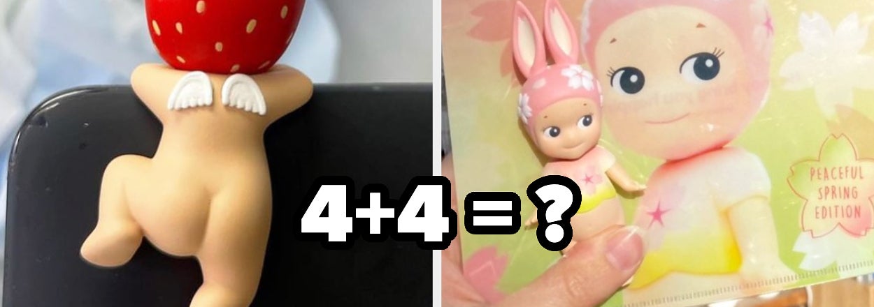 Figurine with a strawberry head and wings sitting on a ledge. Hand holds another bunny-eared figurine with a larger version on packaging. Text: "4+4 = ?"