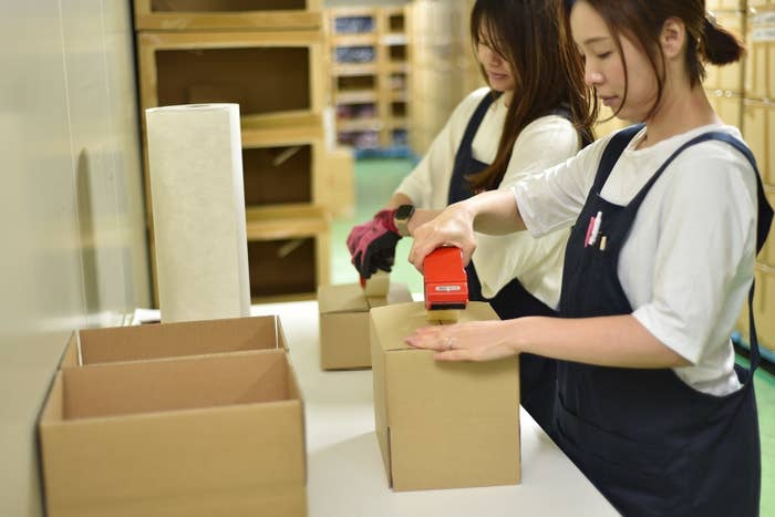 二人の女性が段ボール箱を梱包している様子。
