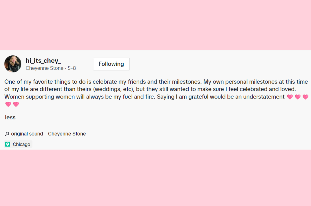 Cheyenne Stone's post says she enjoys celebrating friends' milestones. Women supporting women motivates her. She's grateful for them. Location marked as Chicago