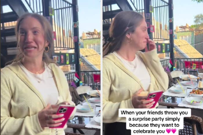 A woman is surprised and emotional at a party with friends. Text reads: "When your friends throw you a surprise party simply because they want to celebrate you."