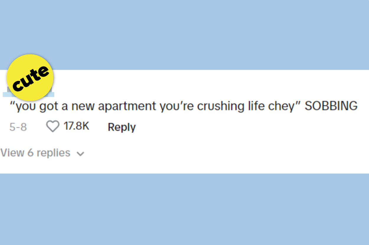 A social media comment says, "you got a new apartment you're crushing life chey" SOBBING, with 17.8K likes. An emoji near the text reads "cute."