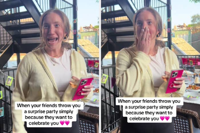 Woman surprised at a party, with text: "When your friends throw you a surprise party simply because they want to celebrate you ??"