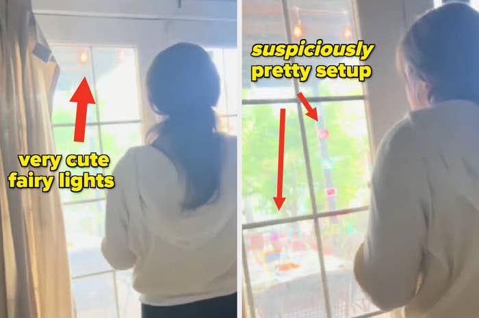 A person in a hoodie stands at a glass door. Text overlays read "very cute fairy lights" and "suspiciously pretty setup" with arrows pointing outside