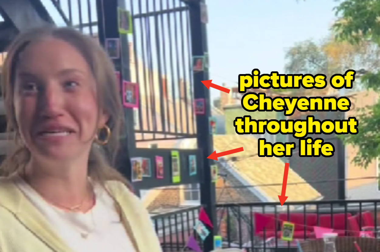 A woman smiling in an outdoor setting. Background shows a railing with small pictures and text reading "pictures of Cheyenne throughout her life."