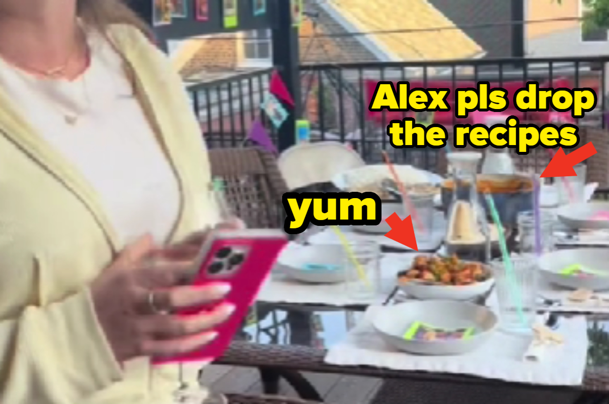 A person holding a phone stands near a table set with different dishes. Text in the image reads, "Alex pls drop the recipes" and "yum."