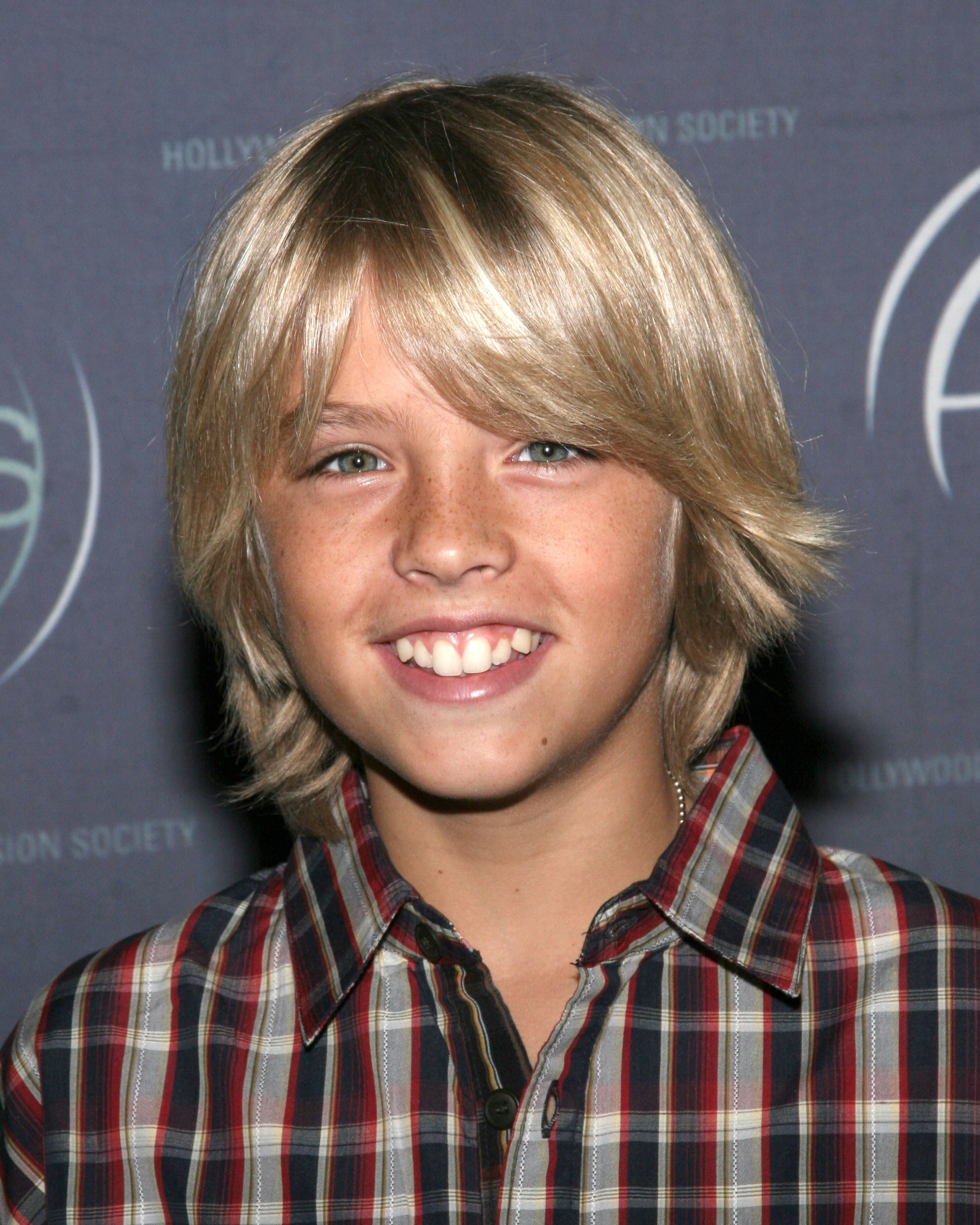 Dylan Sprouse smiles at the camera, wearing a plaid shirt at a Hollywood Vision Society event