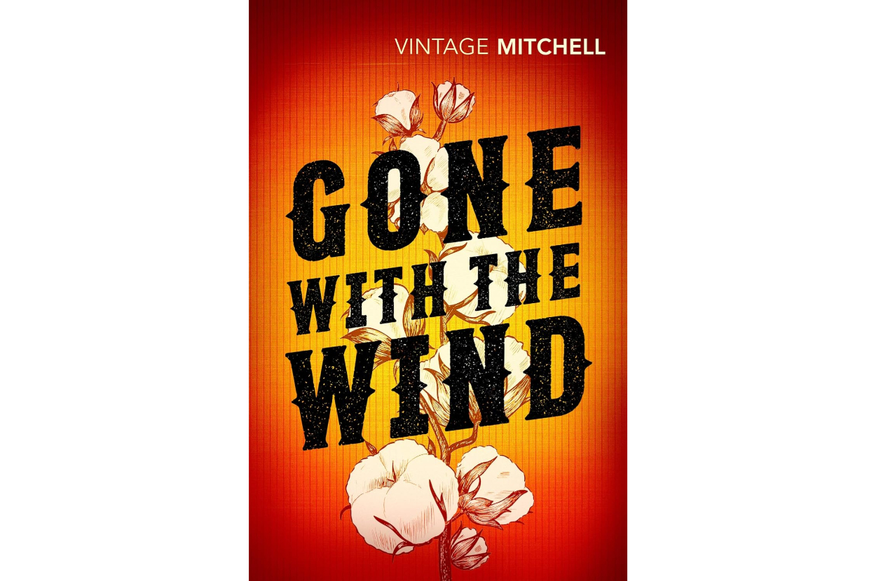Cover of &quot;Gone With The Wind&quot; by Mitchell, featuring white cotton blooms against a red background with the title prominently displayed