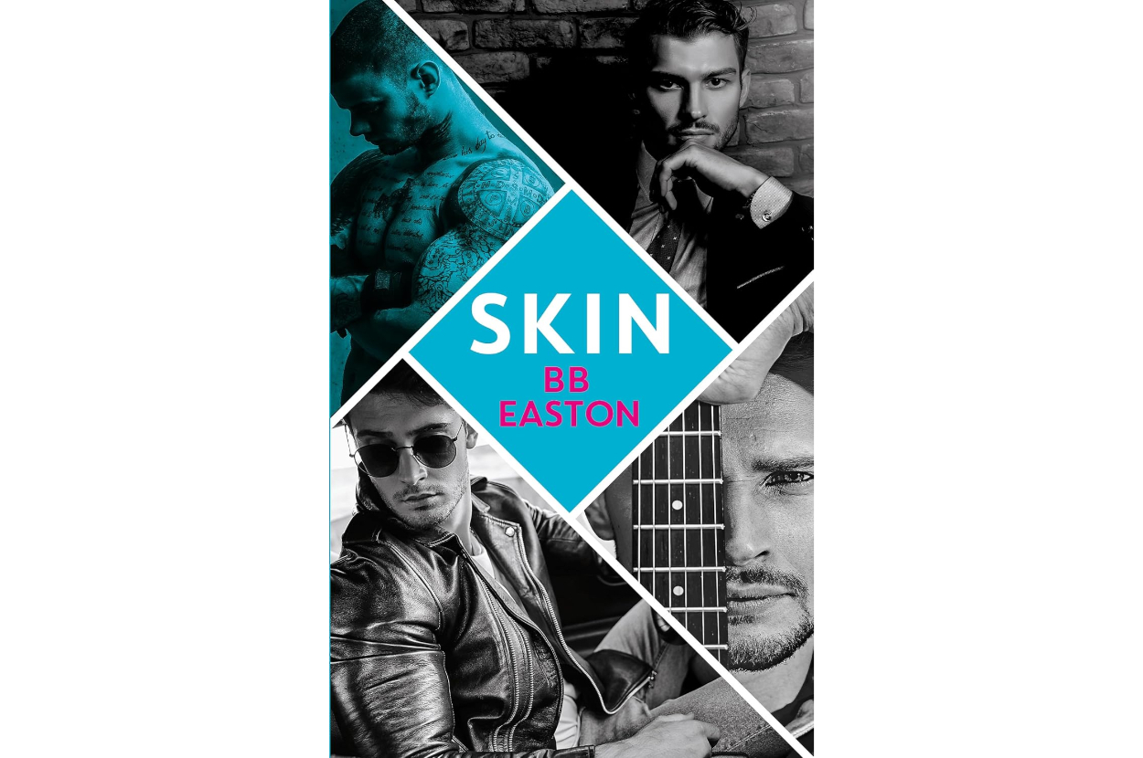 Book cover for &quot;Skin&quot; by BB Easton featuring four black-and-white photos of a muscular man in various poses, with a blue diamond in the center displaying the book title and author's name