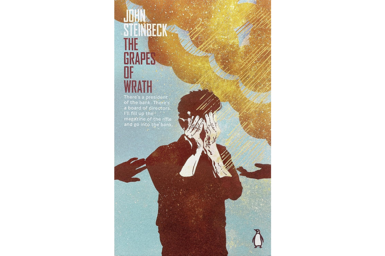 Cover of John Steinbeck's book, &quot;The Grapes of Wrath,&quot; featuring an illustration of a person covering their face with hands, surrounded by abstract hands reaching out