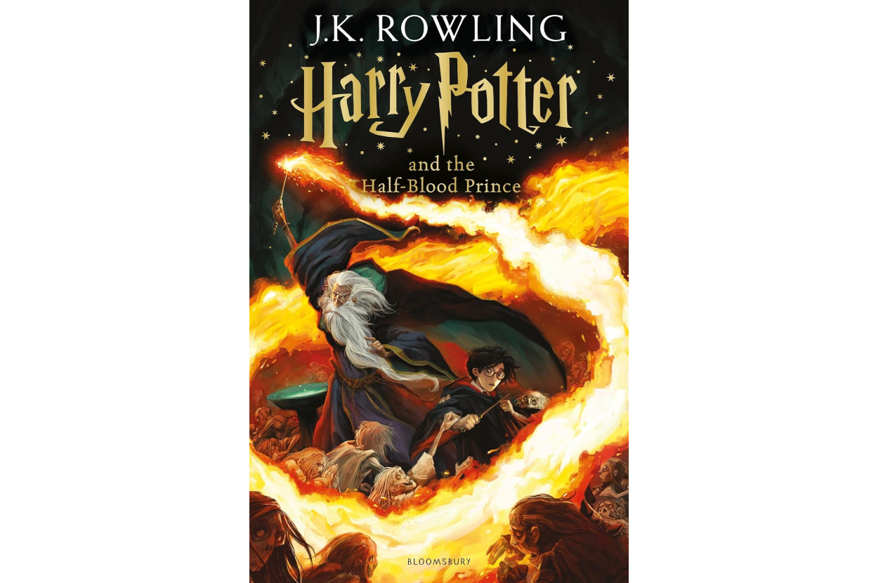 Cover of &quot;Harry Potter and the Half-Blood Prince&quot; by J.K. Rowling showing Dumbledore and Harry surrounded by flames