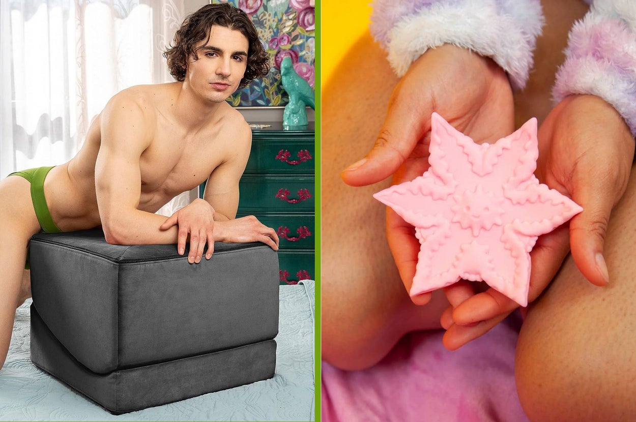 A man in green underwear poses leaning on a gray sex wedge folded into an ottoman. Next image shows hands holding a pink star-shaped sex toy