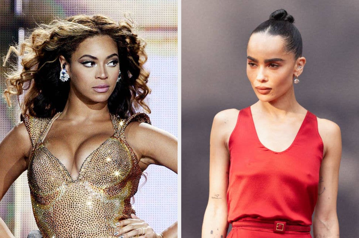 Beyoncé in a glittering, low-cut dress with voluminous hair, and Zoë Kravitz in a sleek red dress with a bun hairstyle