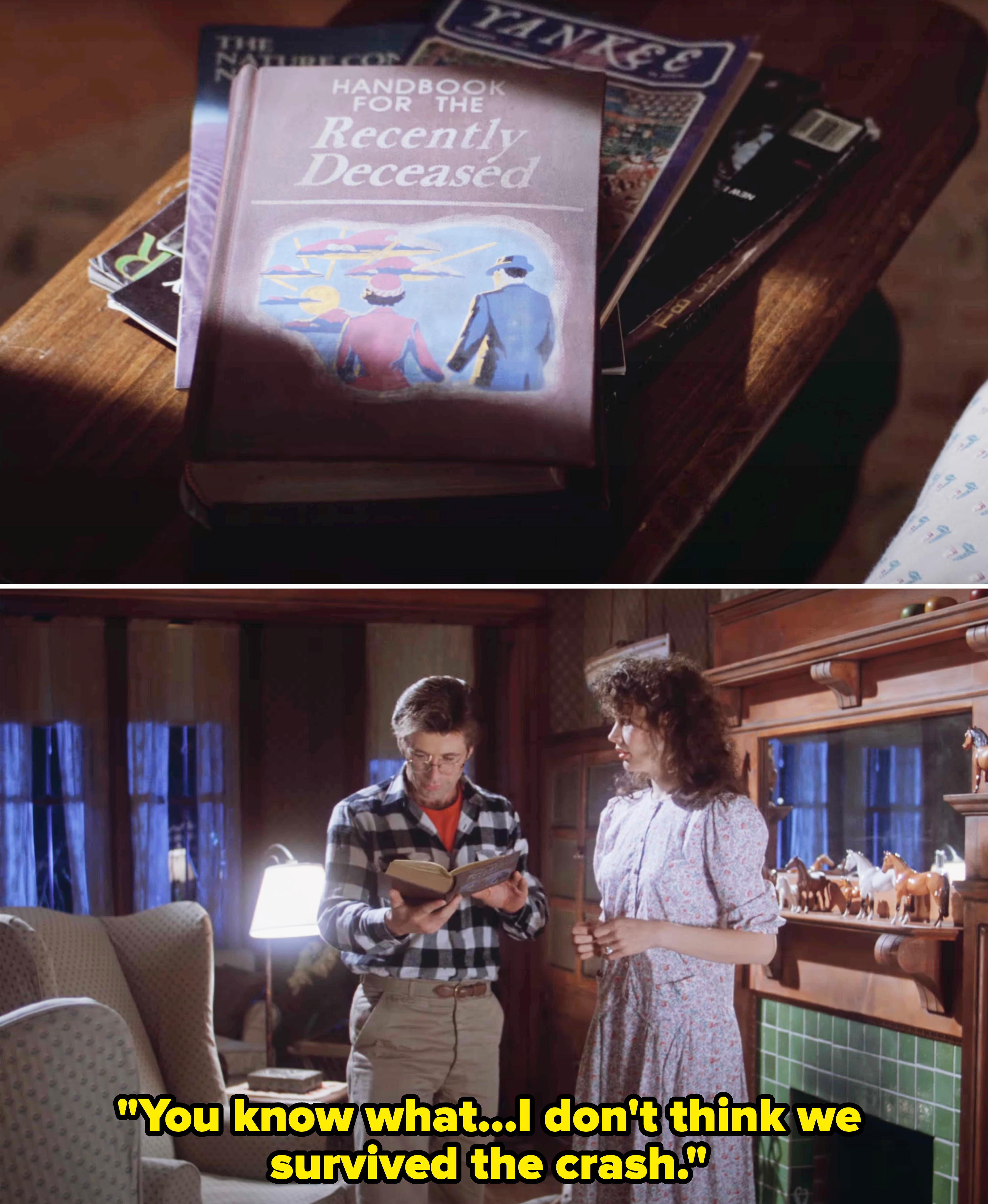 Top image shows a book titled "Handbook for the Recently Deceased." Bottom image shows actor Alec Baldwin reading the book, with actress Geena Davis watching him