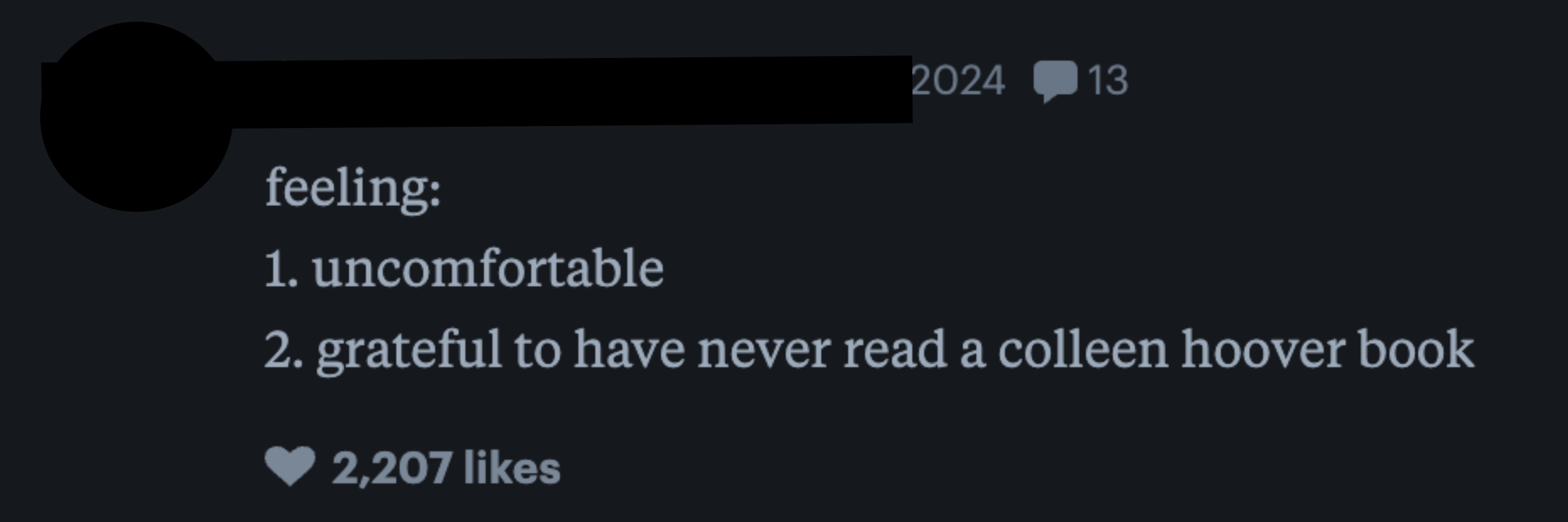 A review by jeaba on 08 Aug 2024 with a ½ star rating. The review states feeling uncomfortable and grateful to have never read a Colleen Hoover book. 2,207 likes