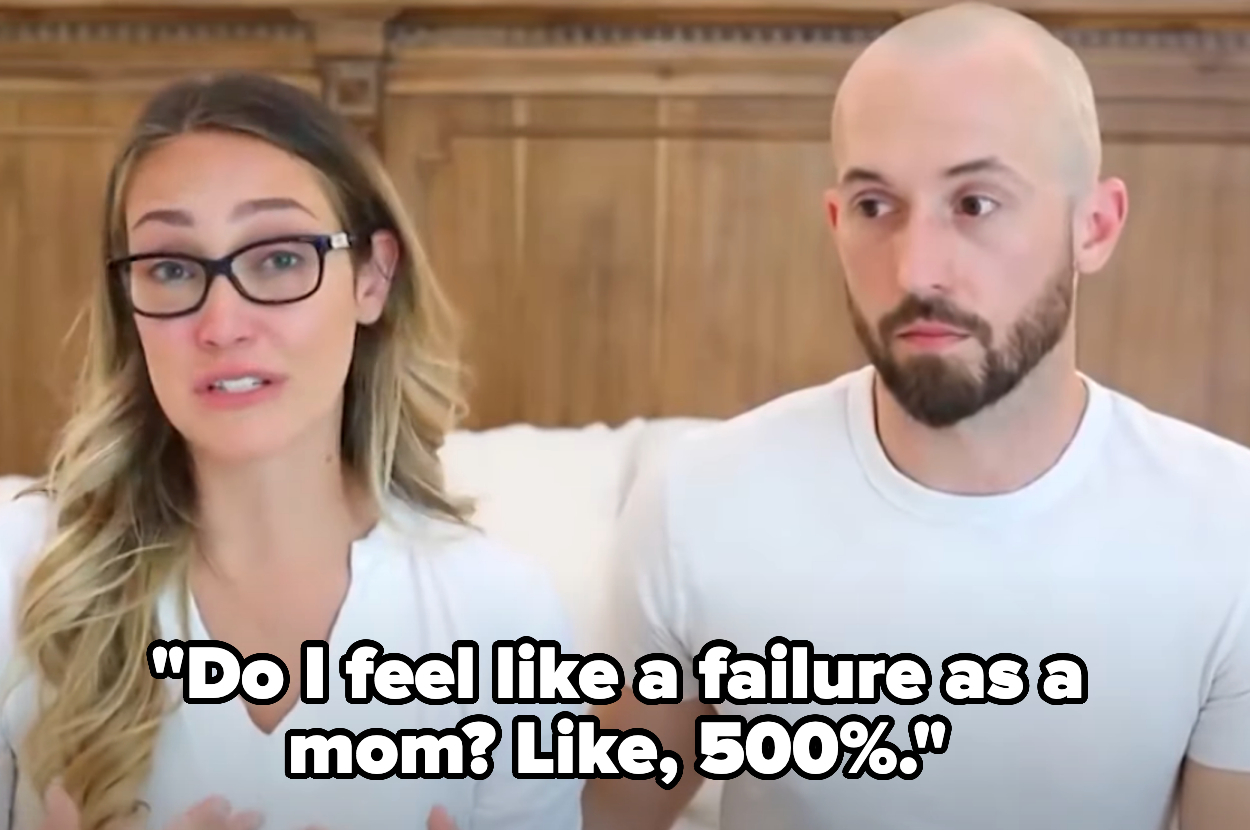A woman with glasses and a man sit together; the woman appears emotional. Text on the image reads: "Do I feel like a failure as a mom? Like, 500%."