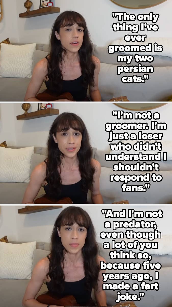 Colleen Ballinger speaks in three segments about grooming accusations, claiming she only grooms her Persian cats, she's not a predator, and regrets a past joke
