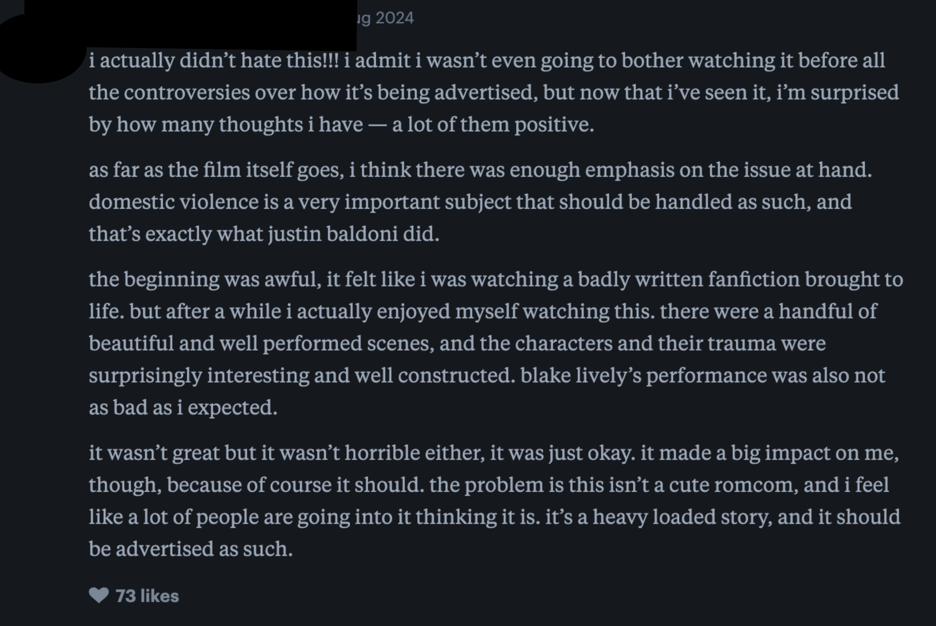 A user named Joana reviewed a film, stating they didn&#x27;t initially hate it despite mixed expectations. They found the acting and trauma themes well-executed but had issues with its romantic focus