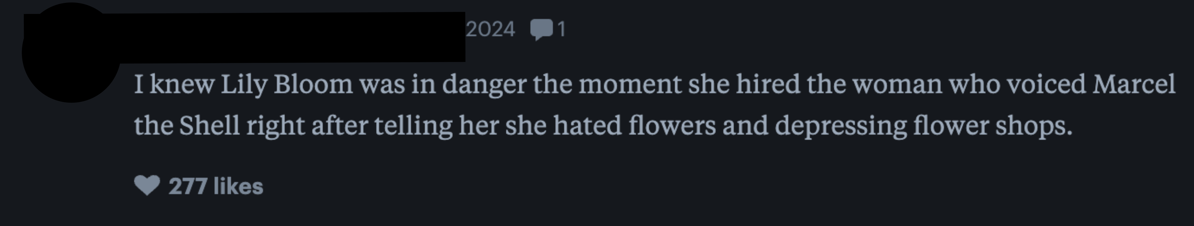 A review by Kylo from August 11, 2024, with 277 likes. It mentions Lily Bloom hiring the woman who voiced Marcel the Shell, despite disliking flowers