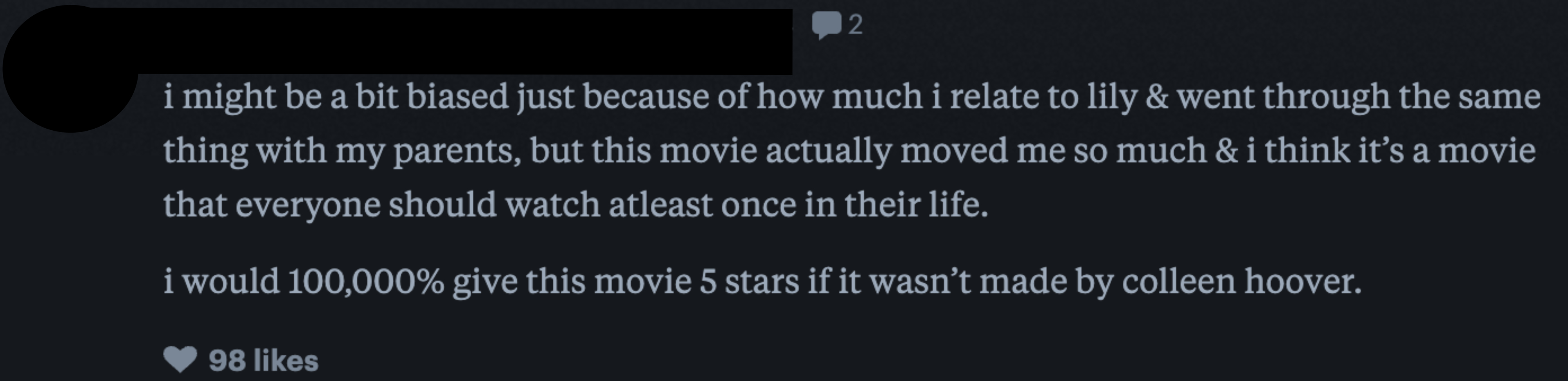 A review by jess from August 12, 2024, giving a movie five stars, highly praising it for its emotional impact and recommending everyone to watch it