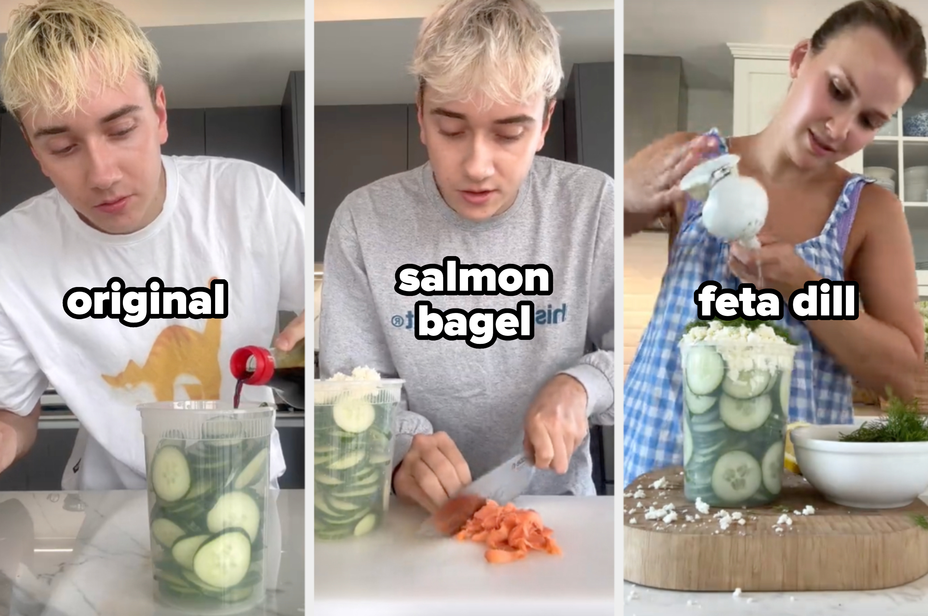 side by side images of Logan and Meredith Hayden (aka Wishbone Kitchen) making cucumber salad in a kitchen
