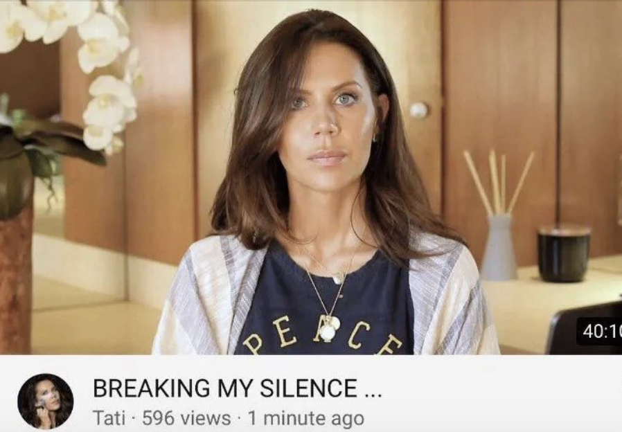 Tati appears in a YouTube video titled "BREAKING MY SILENCE…" with 596 views. She is wearing a graphic T-shirt and a light shawl